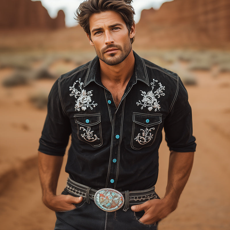 Men's Summer Western Cowboy Style Vintage Embroidery Long Sleeve Shirt MTA2109E3U