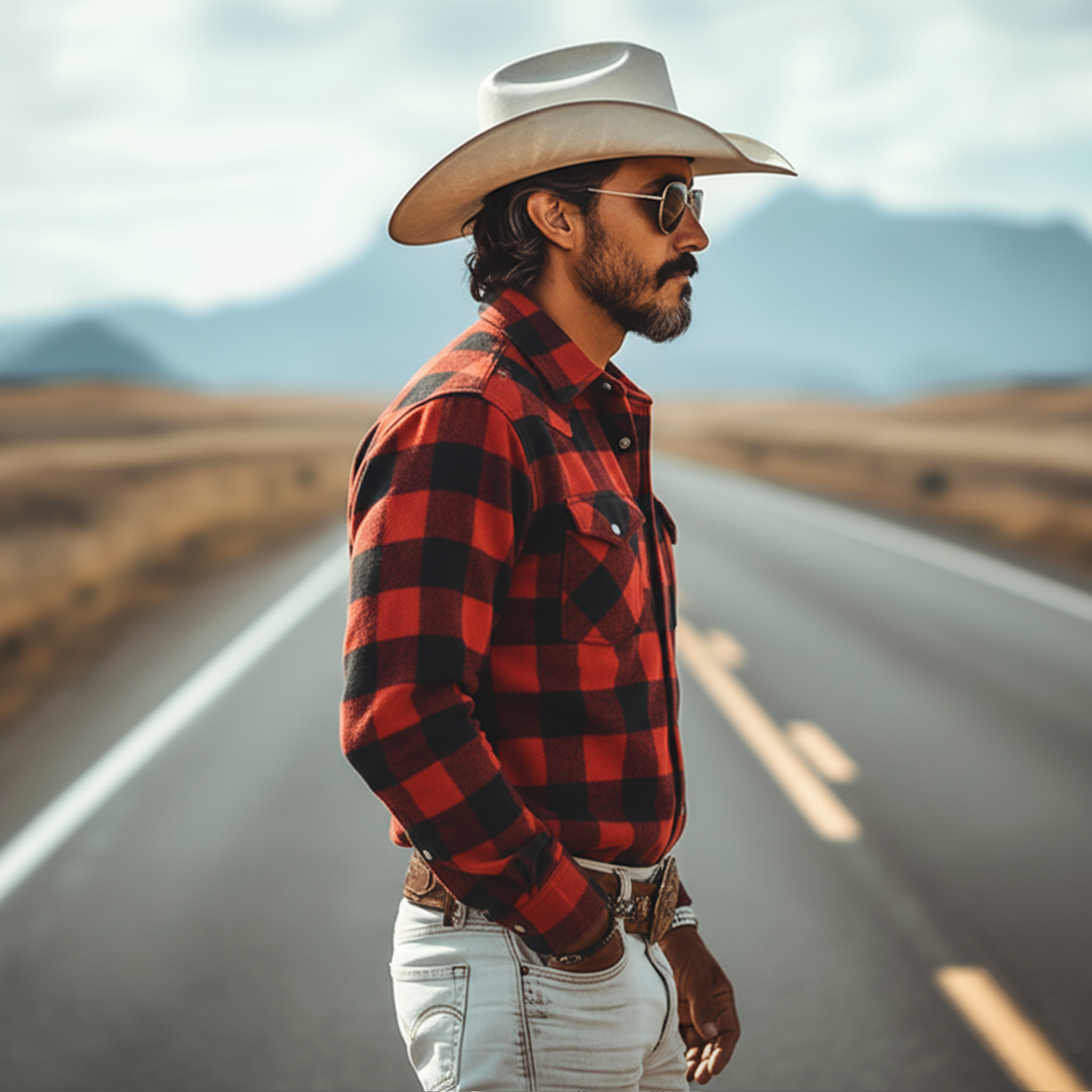 Men's Classic Western Tough Brushed Check Cotton Blend Pocket Long Sleeve Shirt MTA2131J9K