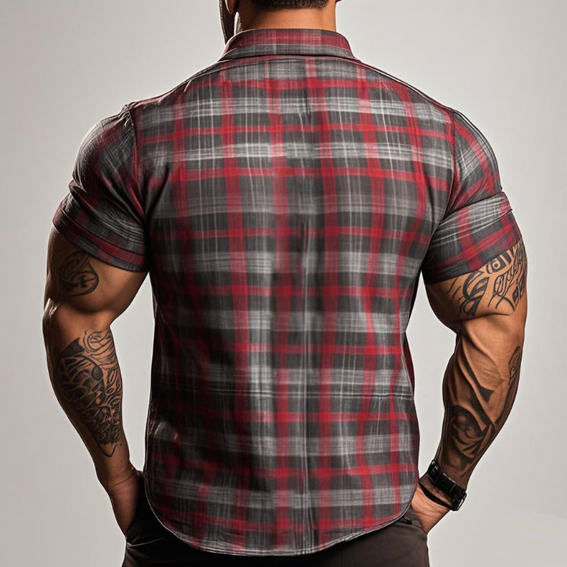 Men's Retro Casual Plaid Print Lapel Short Sleeve Shirt MTA1782C7TO