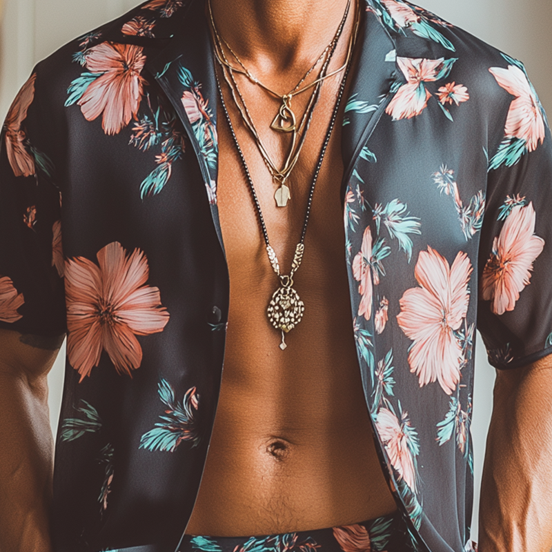 Men's Summer Fashion Floral Print Imitation Silk Short Sleeve Shirt Shorts Set MTA1741F2P