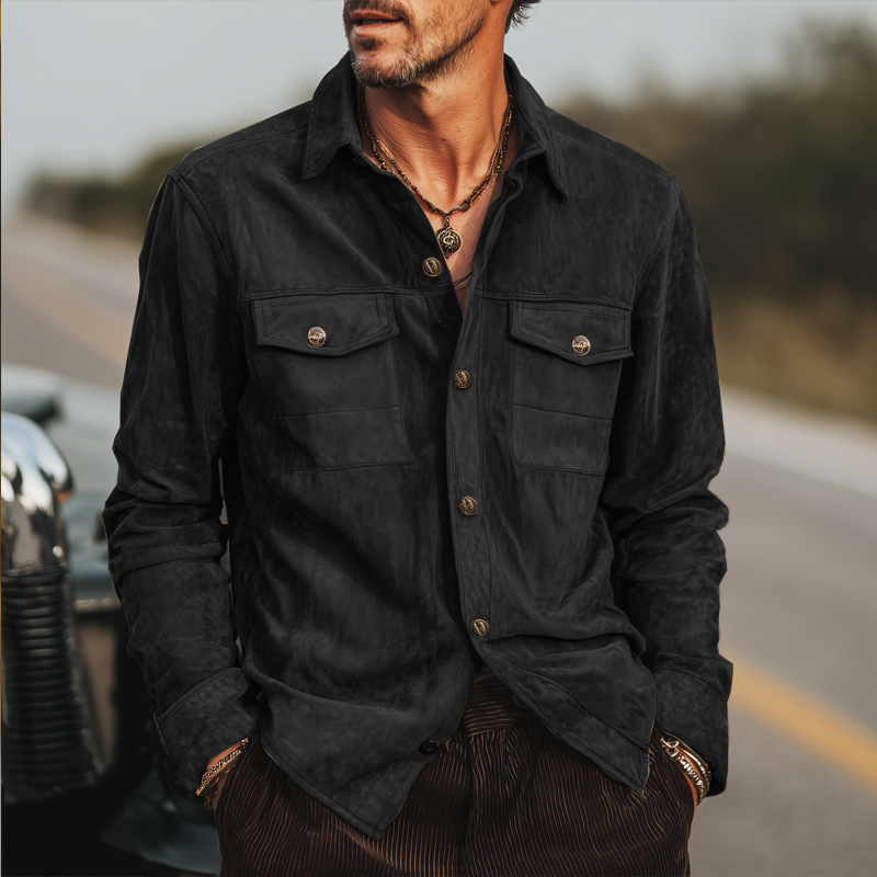 Men's Spring And Autumn Retro Black Suede Long Sleeve Shirt MTA1339H3U