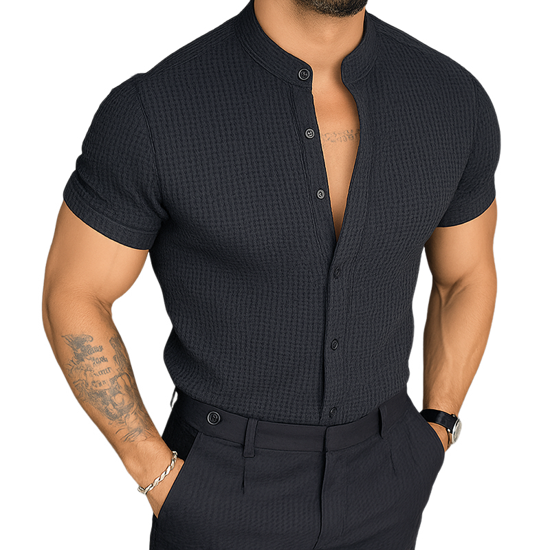 Men's Retro Casual Solid Color Waffle Stand Collar Short Sleeve Shirt MTA1082G1TO