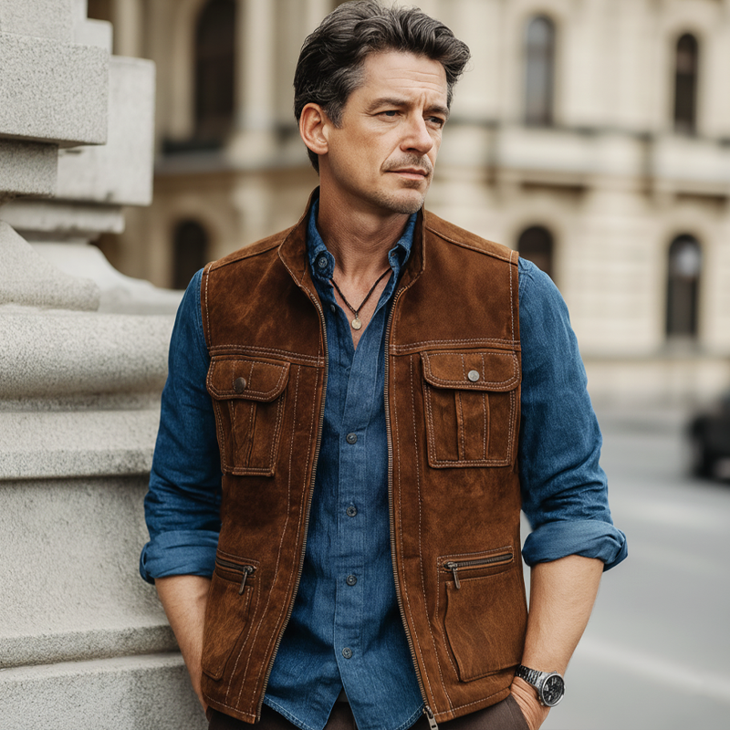 Men's Classic Stand-collar Zippered Suede Multi-pocket Vest MTA0129L9U