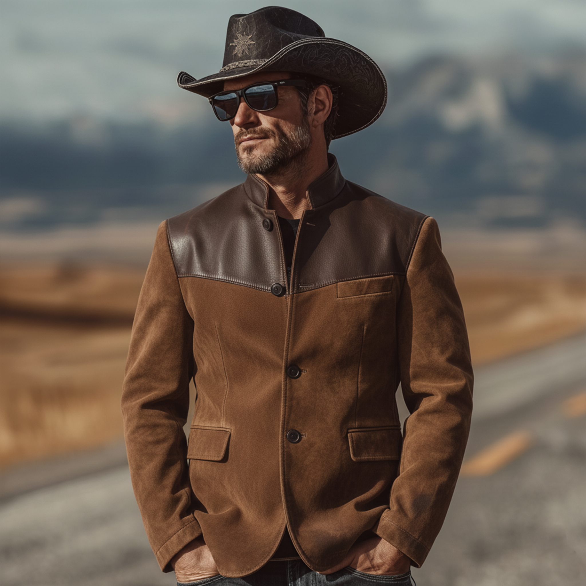 Men's Classic Vintage Western-style Stand-collar Faux Suede Single-breasted Jacket MTA0888L0K