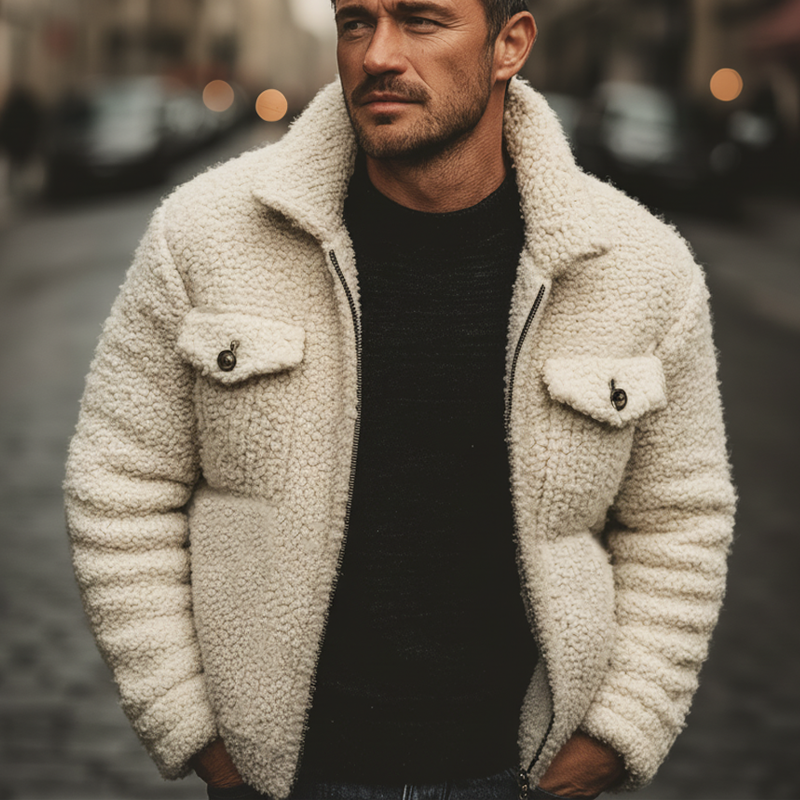 Men's Classic Winter Beige Fleece Zip-Up Jacket MTA3159J2U