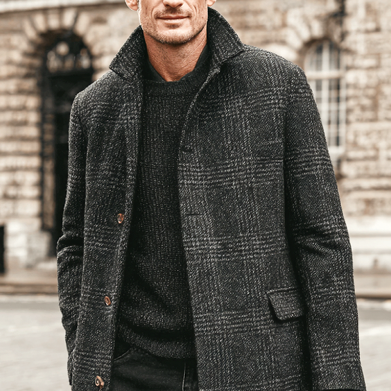 Men's Faux Wool Check Lapel Single Breasted Mid-length Coat MTA1067I2Z