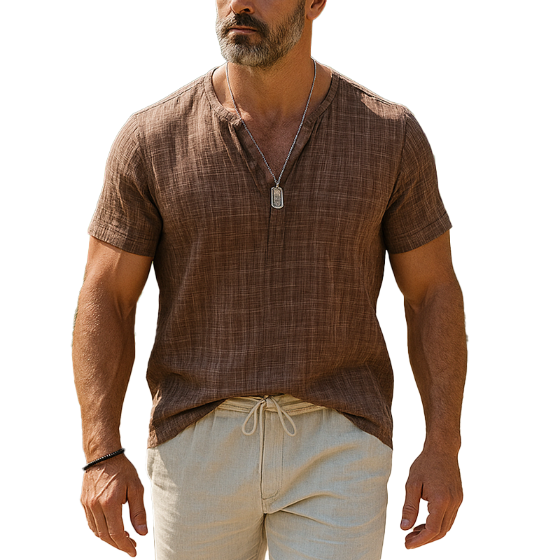 Men's Summer Fashion Linen Short Sleeve V-Neck Shirt MTA0990F8P
