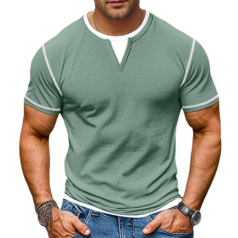Men's Contrast Color V-Neck Cotton Blend Short Sleeve T-Shirt MTA1932G9X