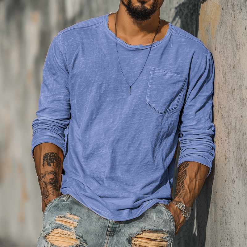 Men's Spring And Summer Casual Tough Guy Style Round Neck Raw Edge Bamboo Cotton Long Sleeve T-shirt MTA1664G4K
