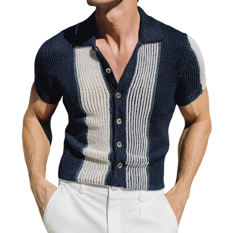Men's Retro Casual Knit Striped Lapel Short-Sleeve Shirt MTZ0423B2TO
