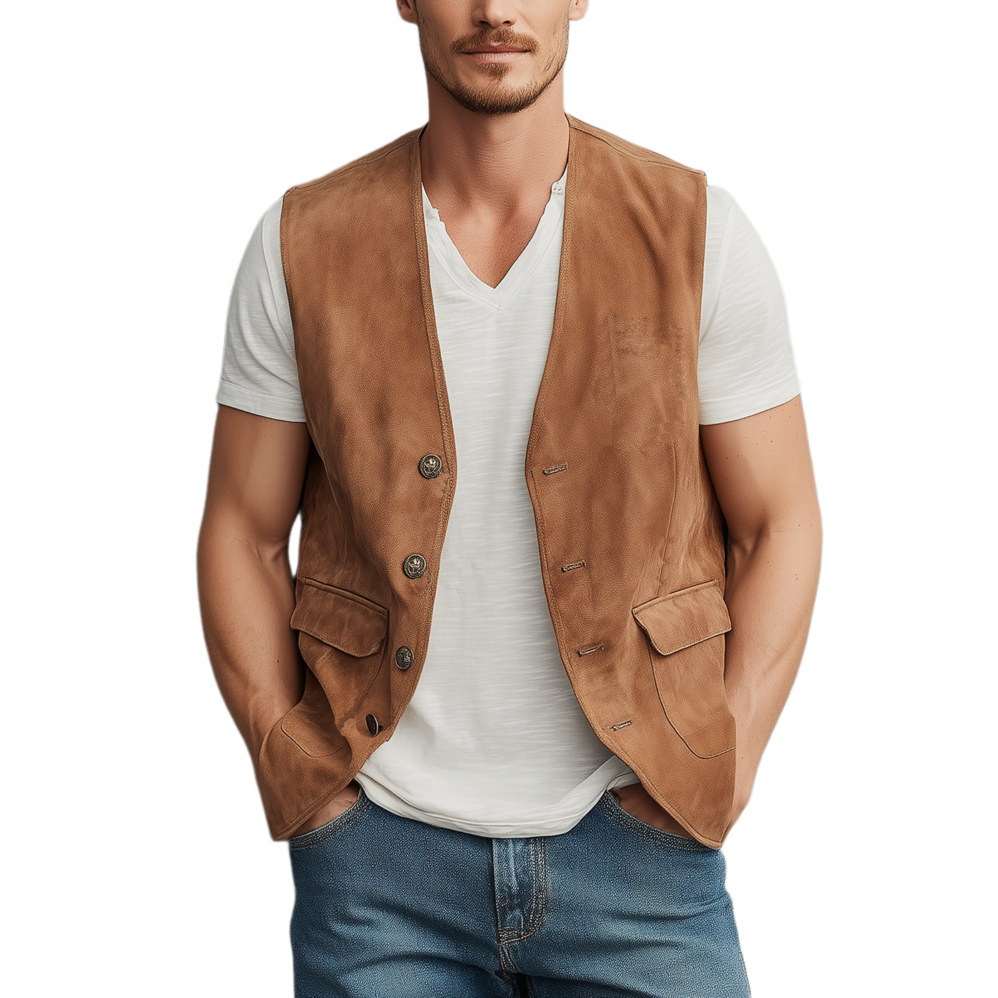 Men's Spring And Summer Casual Thin Suede Metal Button Vest MTA1891G8K