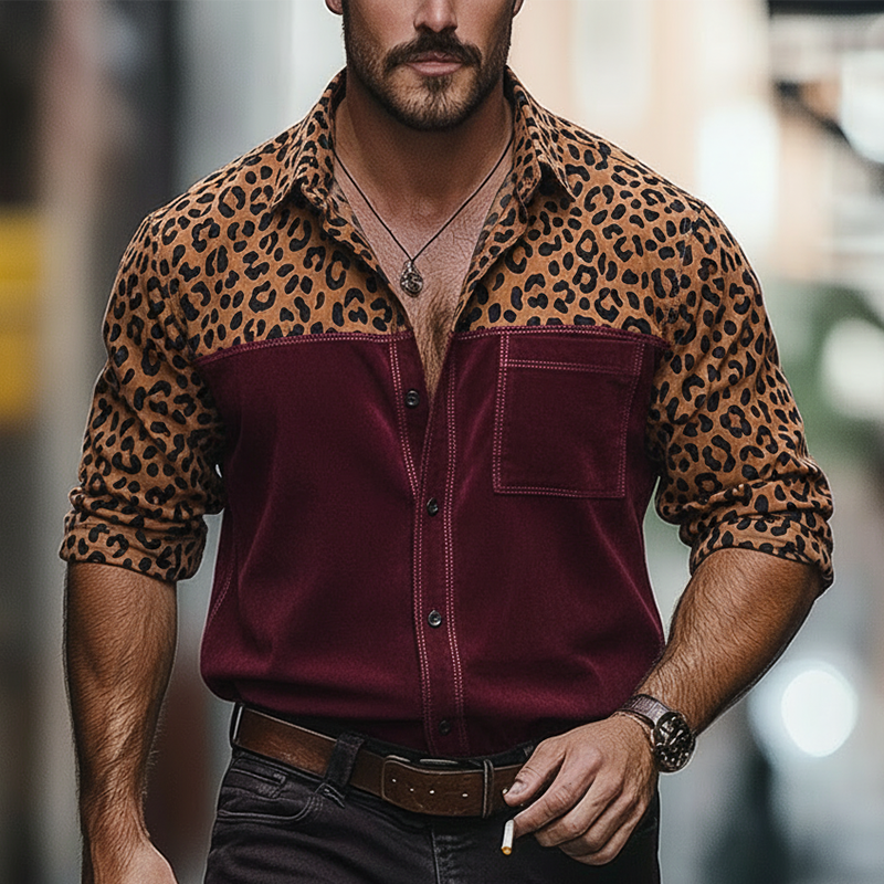 Men's Vintage Leopard Print Faux Suede Button-down Long-sleeved Shirt MTA2339L4P