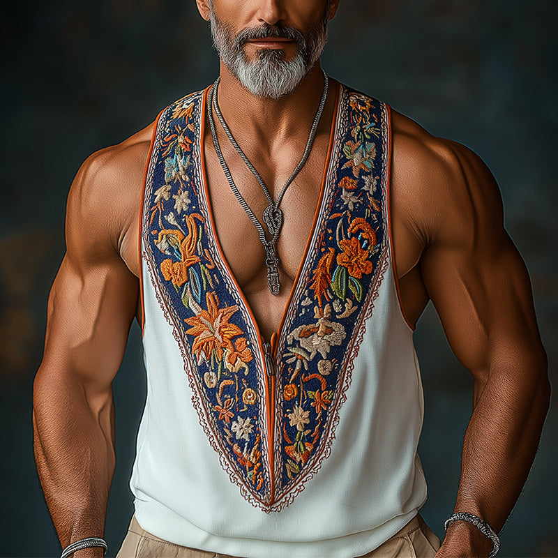 Men's Summer Ethnic Style Contrast Color Embroidery Knitted Tank Top MTA2983E2P