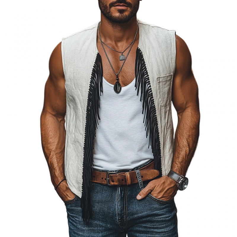 Men's Bohemian Linen Patch Pocket Tassel Panel Loose Vest MTA2181E2M