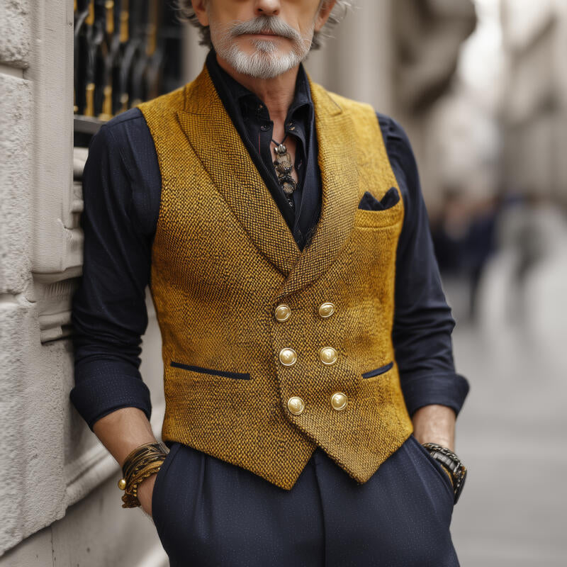 Men's Vintage Tweed Peak Lapel Double-Breasted Slim-Fit Suit Vest MTA2774H1M