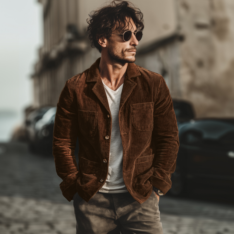 Men's Casual Solid Color Corduroy Lapel Single-breasted Patch Pocket Loose Cargo Jacket MTA3107G1M