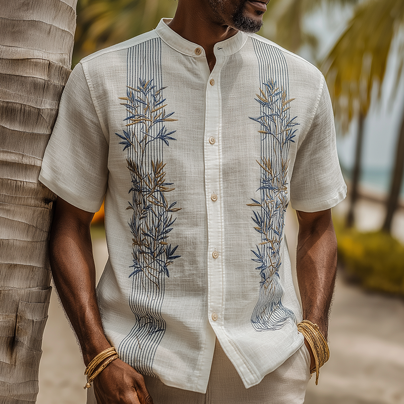 Men's Summer Fashion Leaf Embroidery Slub Linen Henley Collar Short Sleeve Shirt MTA0292G9P