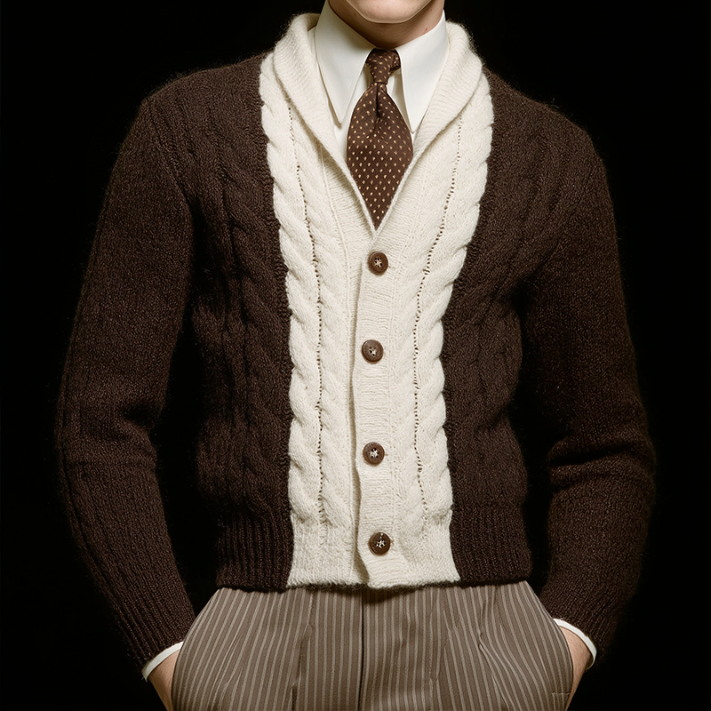 Men's Retro Casual Color Block Cable Knit Button Cardigan MTA1053K4TO