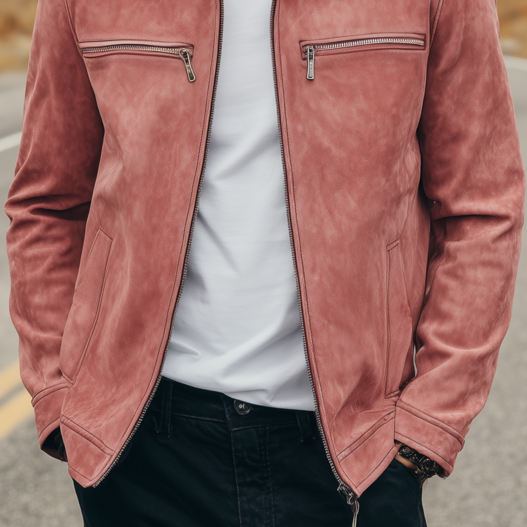 Men's Classic American Casual PU Leather Lapel Pink Suede Zipper Jacket MTA1870H9K
