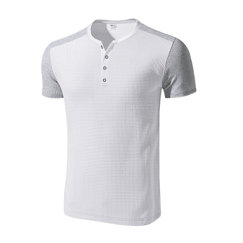 Men's Spring And Summer Fashion Casual Waffle Color Contrast Stitching Henry Collar Short Sleeve T-shirt MTA3021F4K