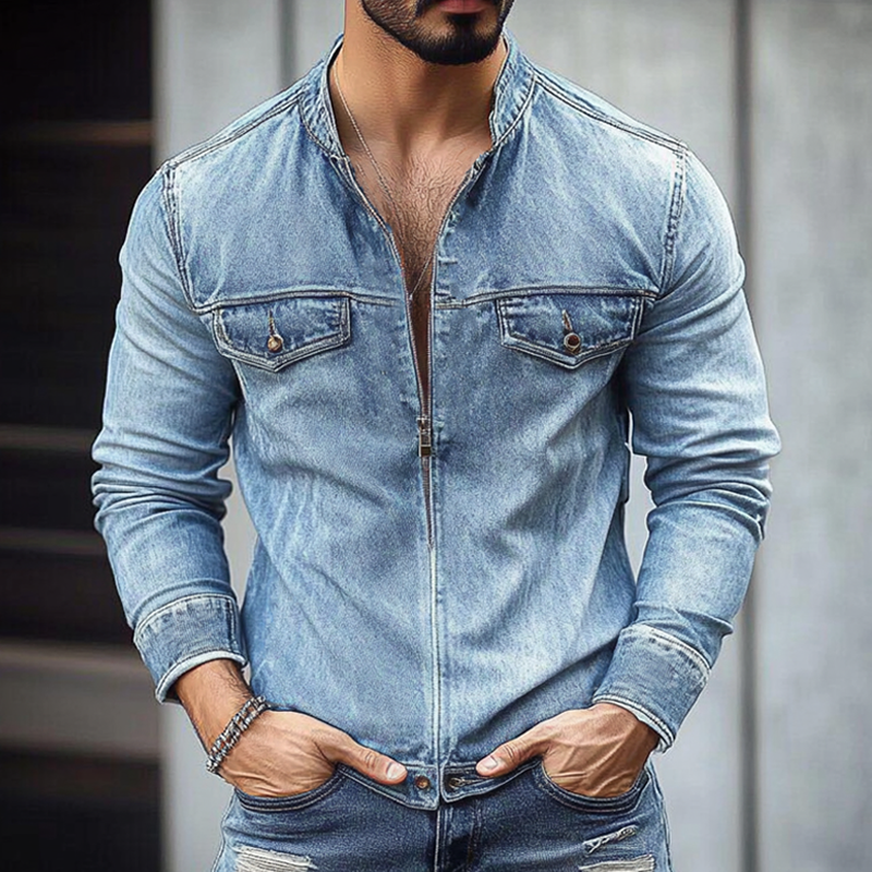Men's Vintage Washed Distressed Stand Collar Zipper Denim Jacket MTA2279G4X