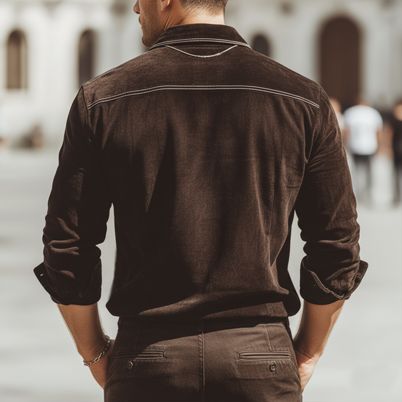 Men's Urban Business Faux Suede Contrasting Stitching Long-sleeved Shirt MTA2470L3U