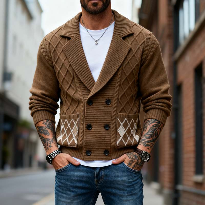 Men's Knitted Diamond Jacquard Textured Collar Cardigan MTA2930J0X