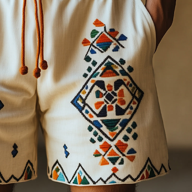 Men's Summer Cotton And Linen Retro Geometric Embroidery Shorts MTA0918E5U