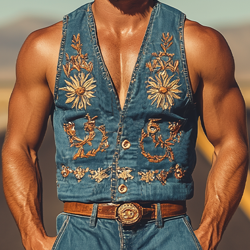Men's Summer Fashion Retro Western Cowboy Style Embroidered Jumpsuit (Without Belt) MTA1787D0K