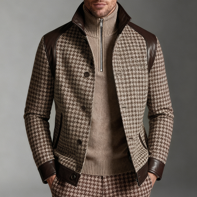 Men's Retro Casual Houndstooth PU Patchwork Stand Collar Jacket MTA2494K8TO