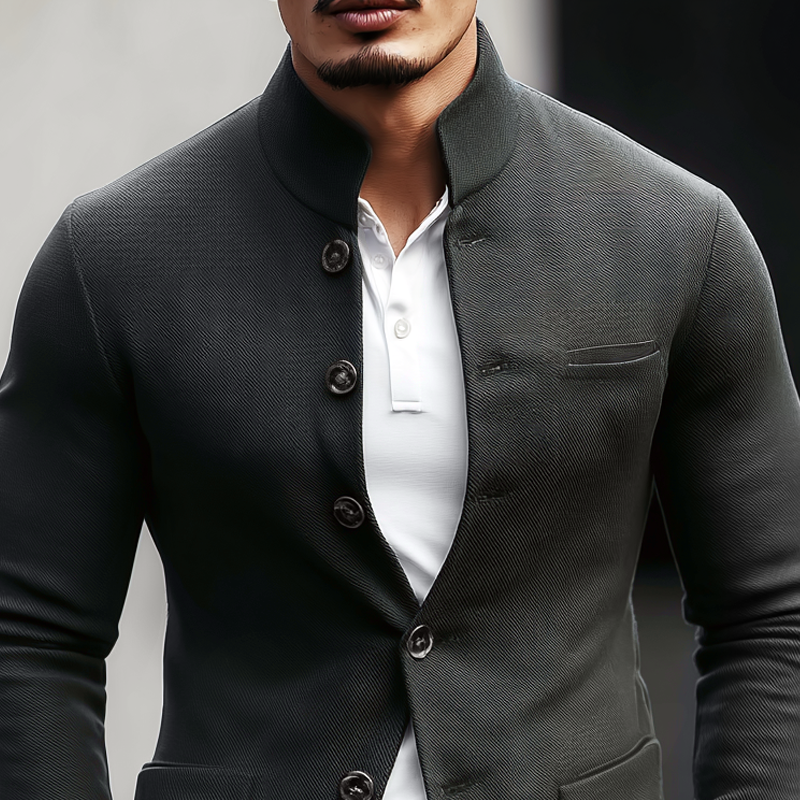 Men's Woven Twill Blend Stand Collar Single-Breasted Casual Jacket MTA2830H1Z