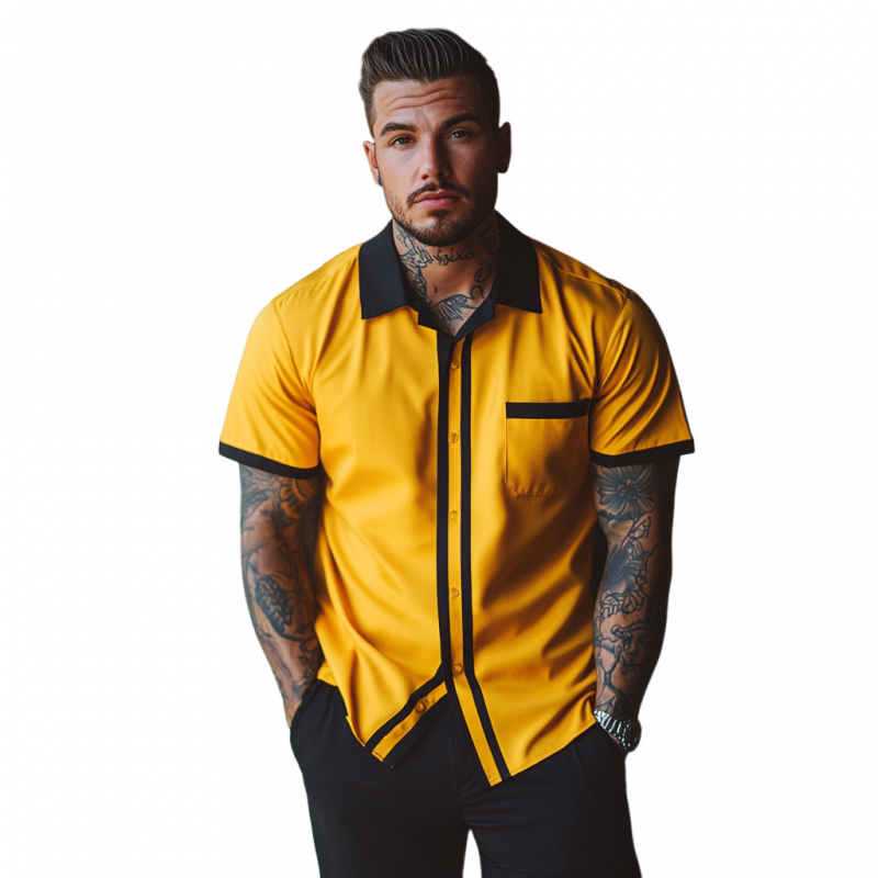 Men's Fashion Chiffon Colorblock Lapel Patch Pocket Loose Short-sleeved Shirt MTA2797E2M