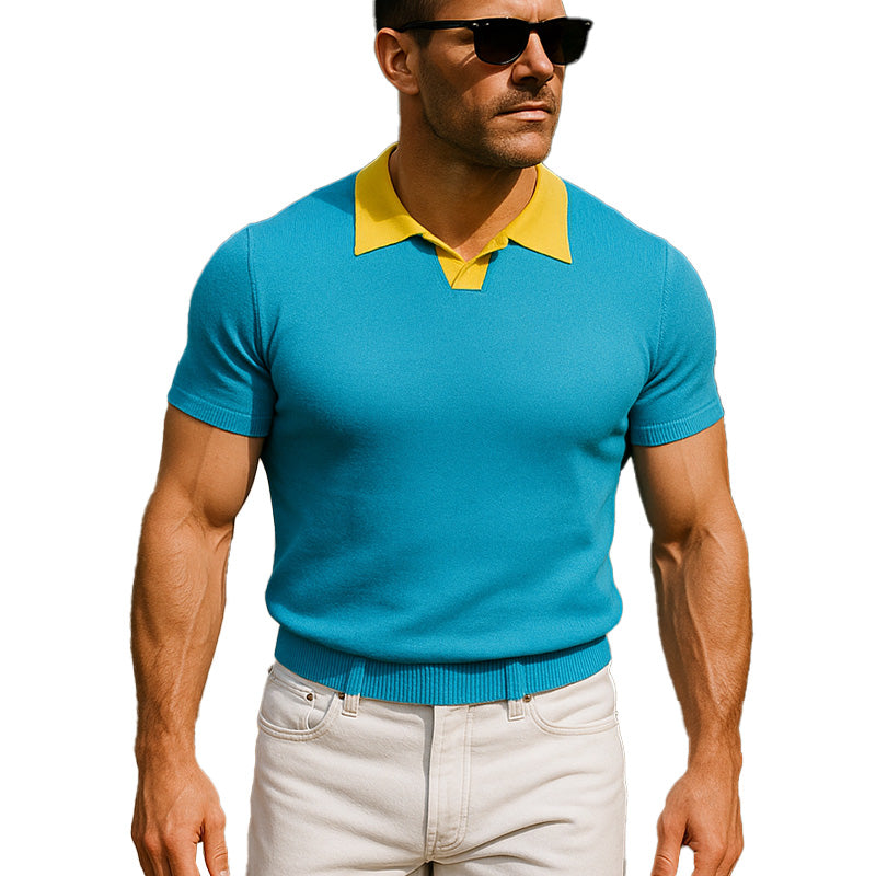 Men's Summer Fashion Contrast Color Knitted Short Sleeve Polo Shirt MTA0343F9P
