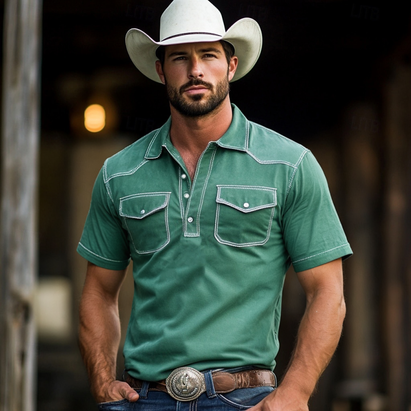Men's Fashion Solid Color Western Style Slim Fit Short Sleeve Polo Shirt MTA0717F6Y