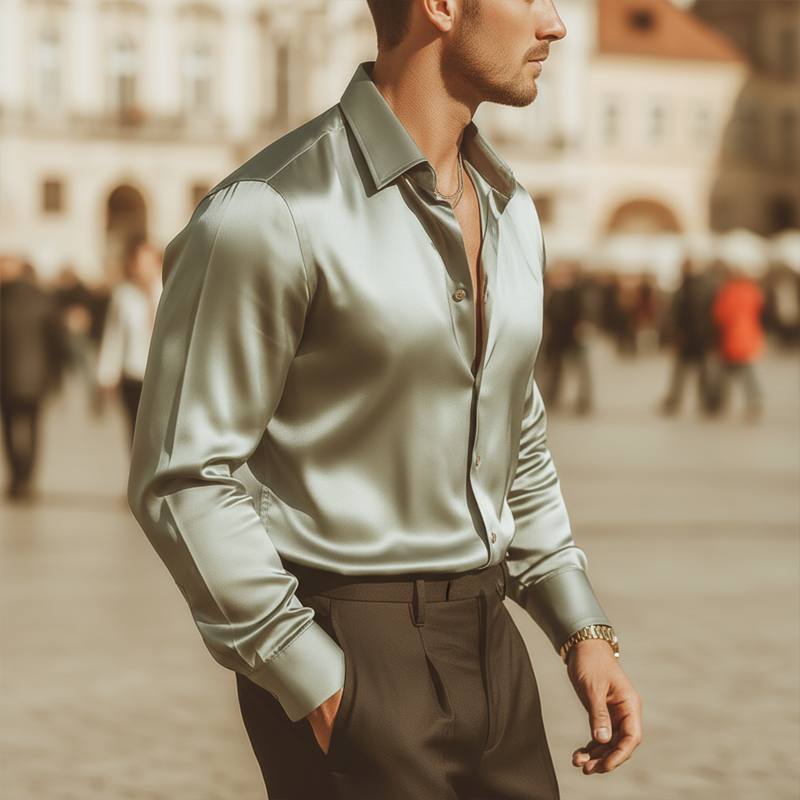 Men's Classic Business Mint Green Satin Long-sleeved Shirt MTZ0741A3U