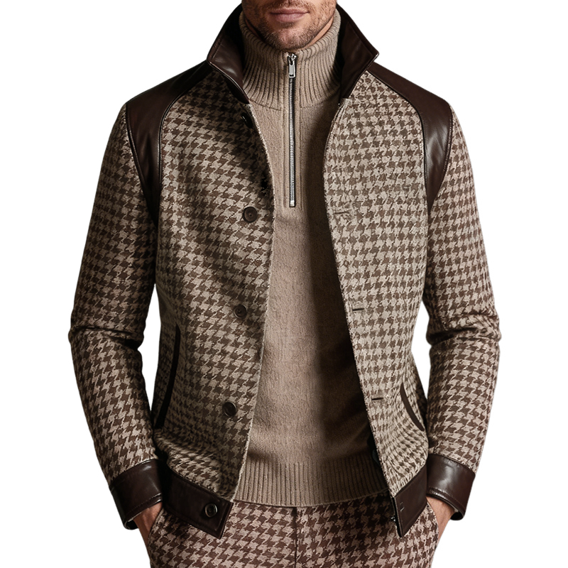Men's Retro Casual Houndstooth PU Patchwork Stand Collar Jacket MTA2494K8TO