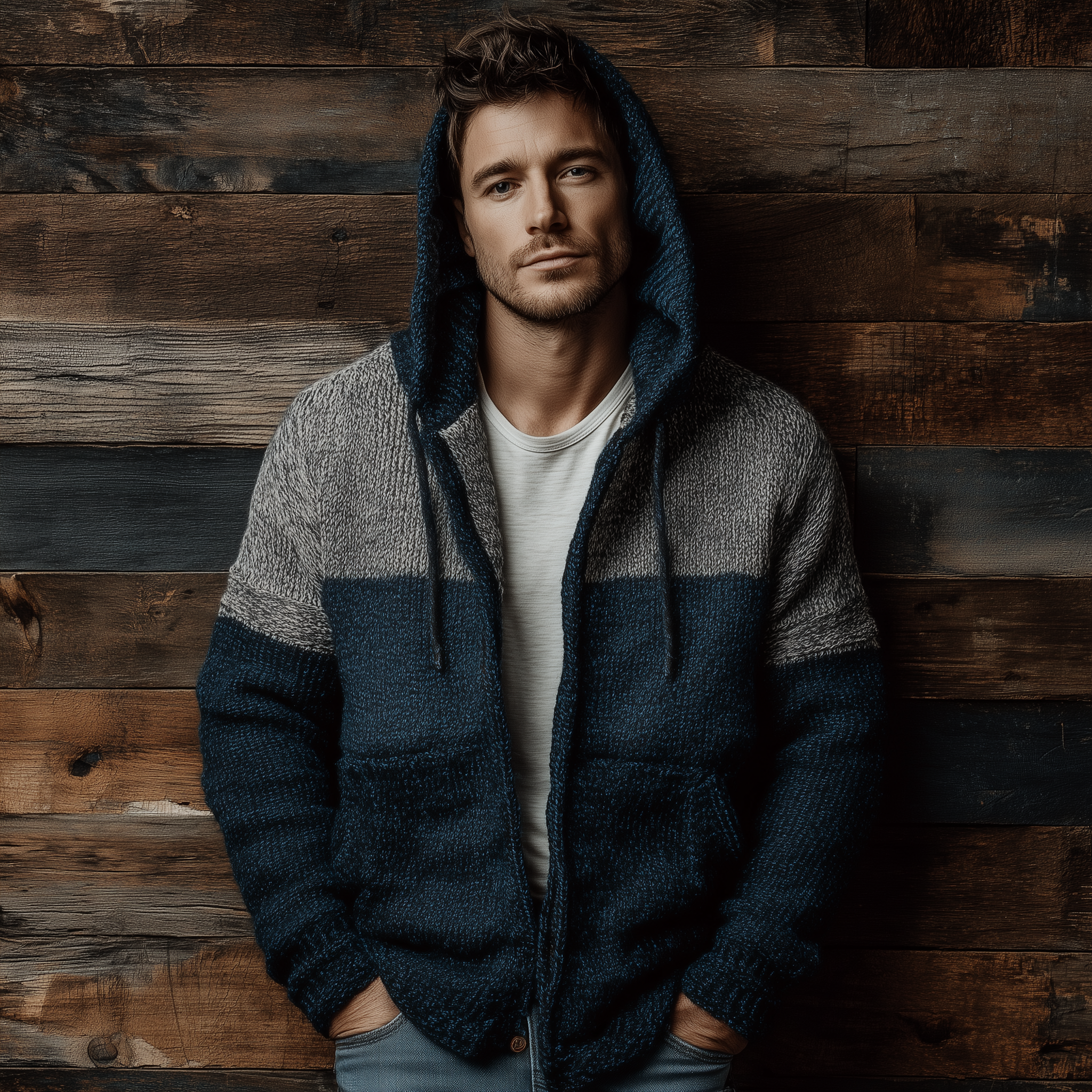 Men's Winter Fashion Mixed Color Cotton Knitted Hooded Cardigan Sweater MTA1041J7P