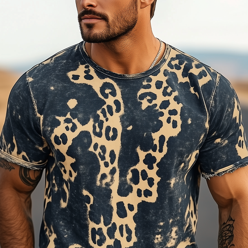 Men's Spring And Summer New Fashion Casual Retro Western Cowboy Style Distressed Leopard Print Cotton Blended Print Short-Sleeved T-Shirt MTA0900E7K