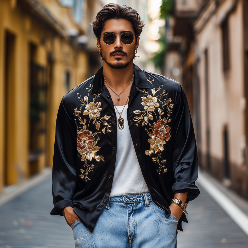 Men's Vintage Flower Embroidery Elegant Solid Satin Lapel Loose Long Sleeve Shirt MTA1976G3M