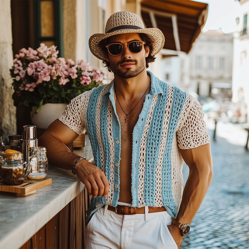 Men's Summer Fashion Casual Knitted Hollow Vertical Striped Short-sleeved Shirt MTA2667F2K