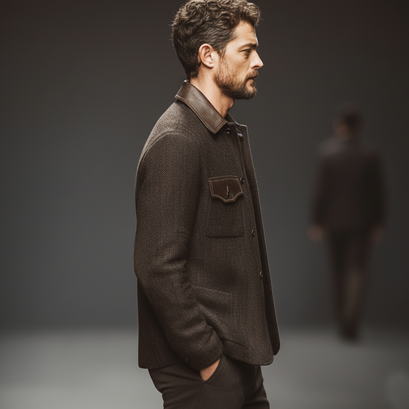 Men's Classic Herringbone Faux Wool And PU Leather Jacket MTA2392J5U