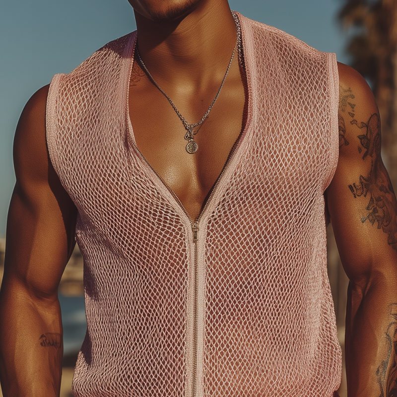 Men's Spring And Summer Fashion Casual Mesh Slim Zipper Deep V Neck Sleeveless Shirt MTA1947F7K