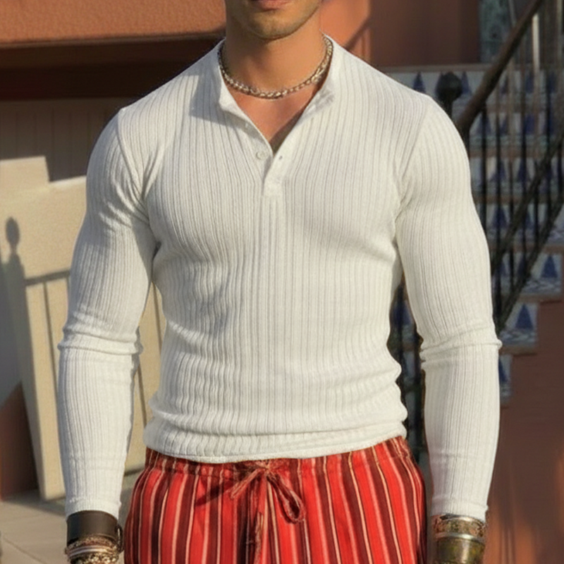 Men's Spring Fashion Ribbed Slim-fit Long-sleeve Henley Shirt MTZ2755A7P