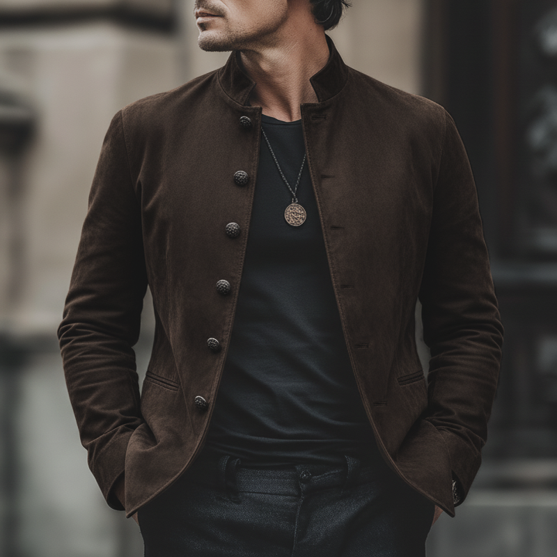 Men's Classic Chocolate Brown Stand-collar Suede Jacket MTA0103L1U