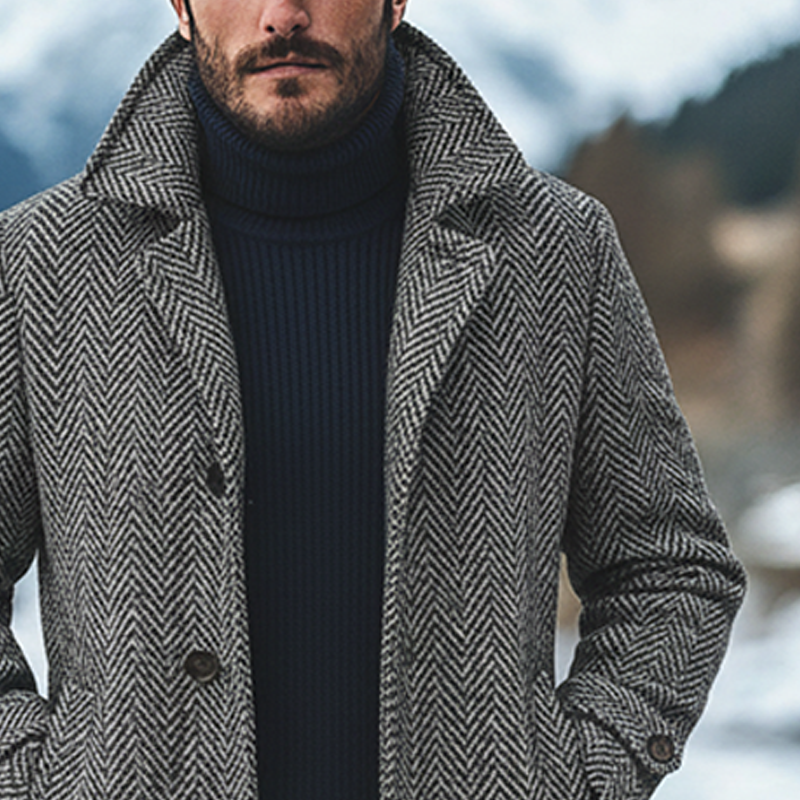 Men's Herringbone Blend Lapel Mid-length Coat MTA0605K1X