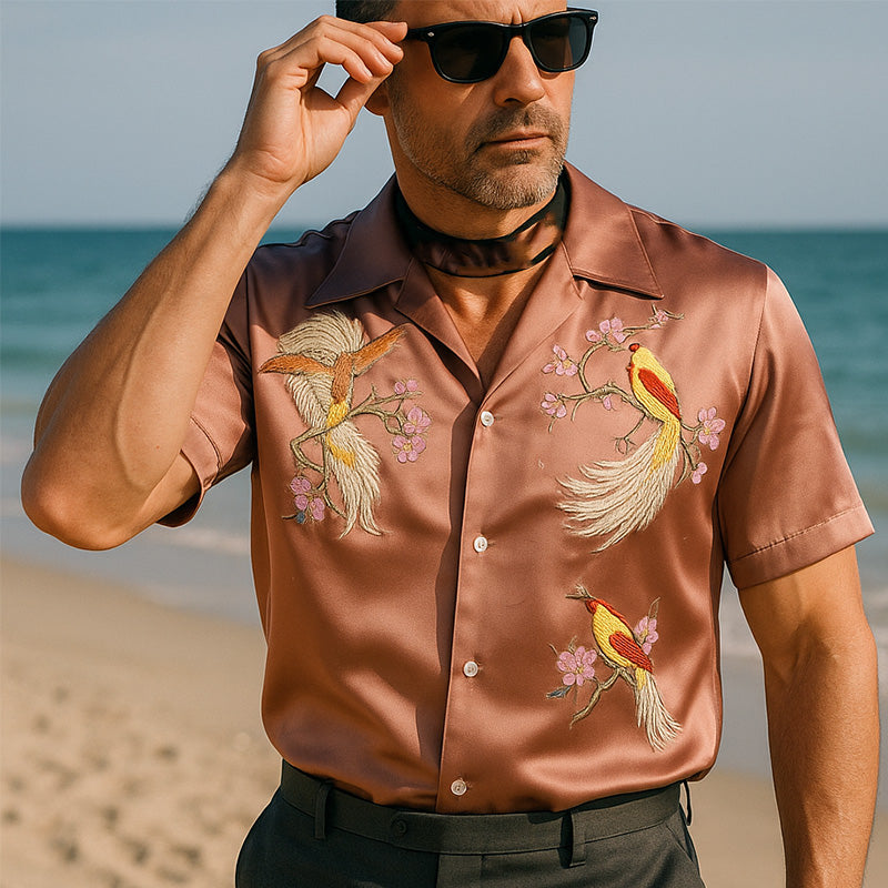Men's Summer Fashion Satin Flower And Bird Embroidery Short Sleeve Shirt MTA2833E8P