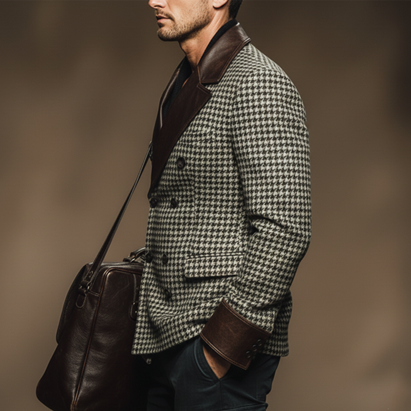 Men's Vintage Houndstooth Faux Wool And PU Leather Double-breasted Double-vented Blazer MTA2462J9U