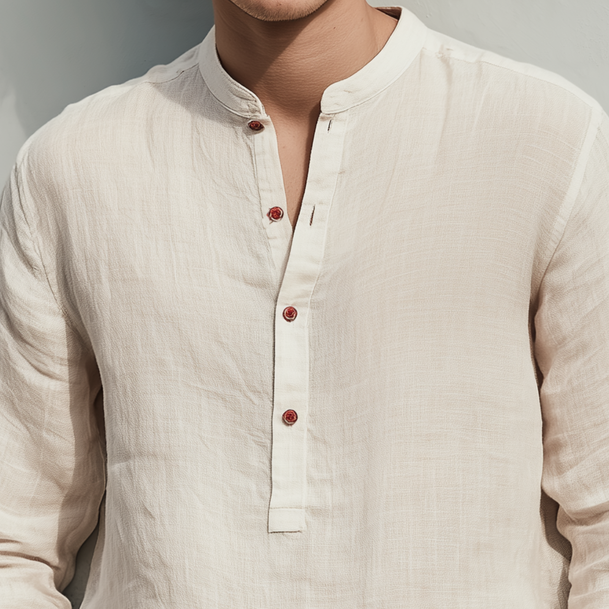 Men's Classic Casual Henley Collar Cotton And Linen Cuff Embroidery Loose Long Sleeve Shirt MTA2308G1K