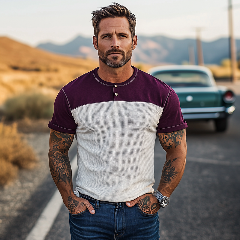 Men's Spring And Summer Casual Cotton Blend Splicing Waffle Henry Collar Short Sleeve T-Shirt MTA0125G2K