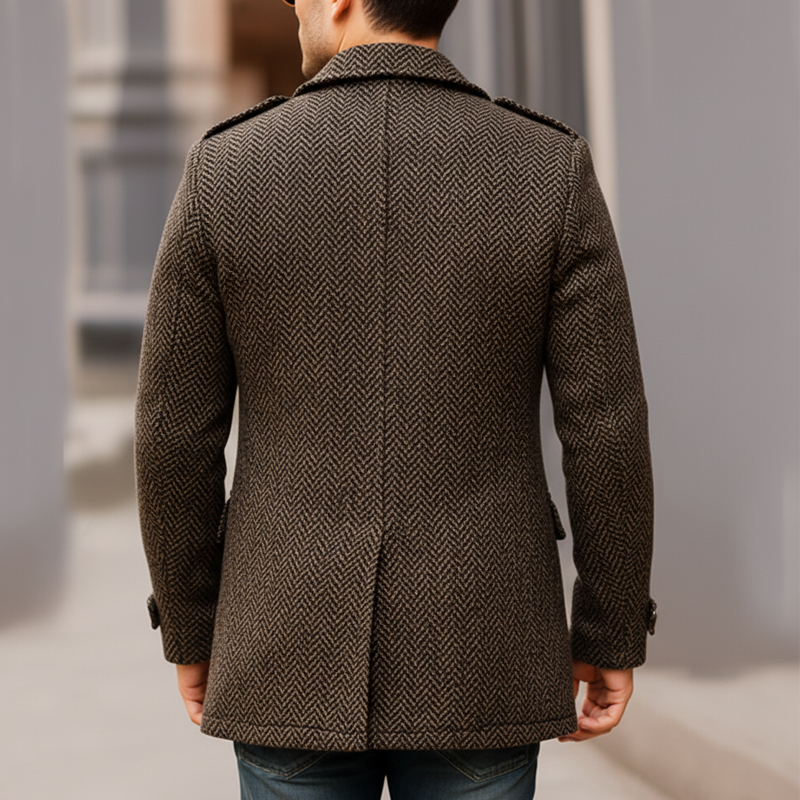 Men's Classic Dark Brown Herringbone Faux Wool Short Coat MTA1586J6U